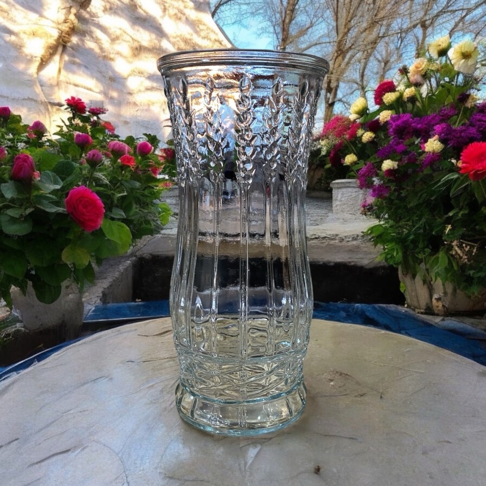 Vintage E.O. Brody Co. Clear Glass Wheat Stalk Flower Vase Mid-Century Modern